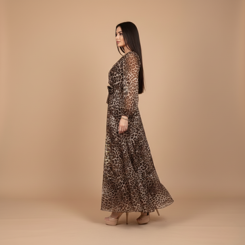 Lumina | Elegancka Damska Sukienka z Dekoltem w Serek i Dadrukiem w Panterkę