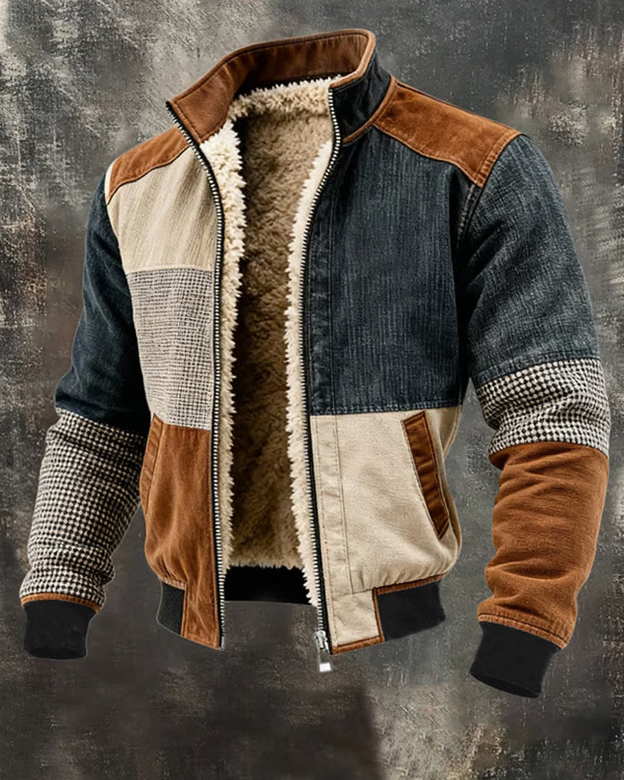 Fabian | Ciepła Retro Kurtka Patchworkowa Na Zamek