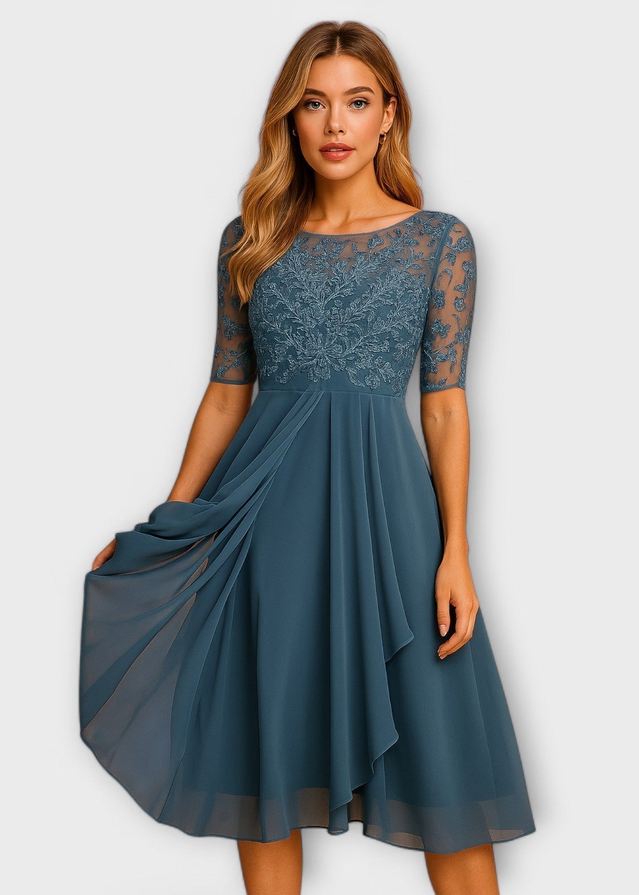 Martyna | Sukienka Midi z Koronkowymi Rękawami