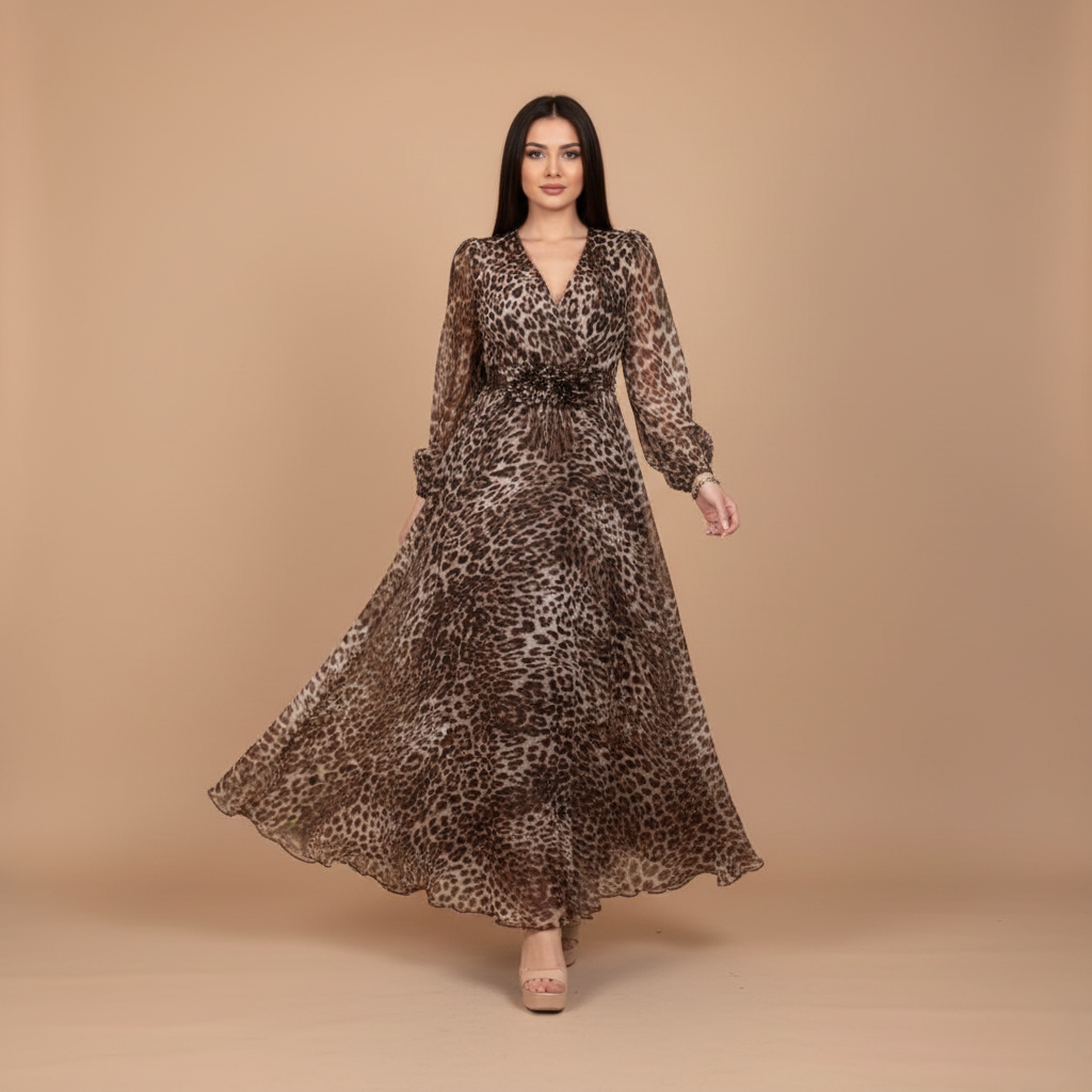 Lumina | Elegancka Damska Sukienka z Dekoltem w Serek i Dadrukiem w Panterkę