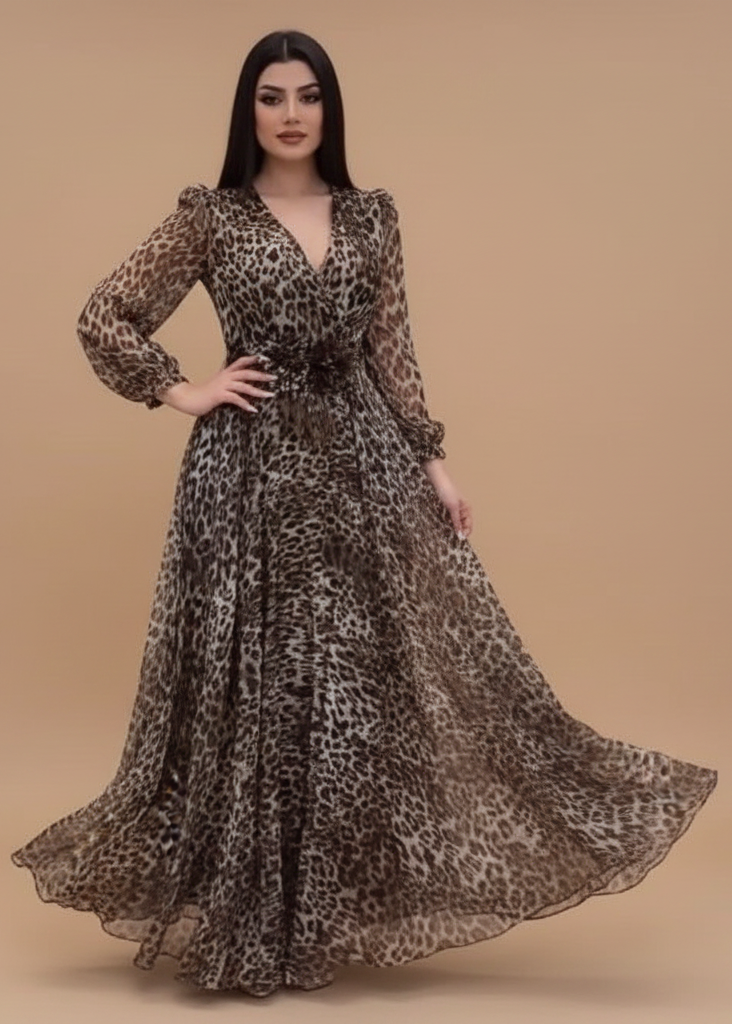 Lumina | Elegancka Damska Sukienka z Dekoltem w Serek i Dadrukiem w Panterkę