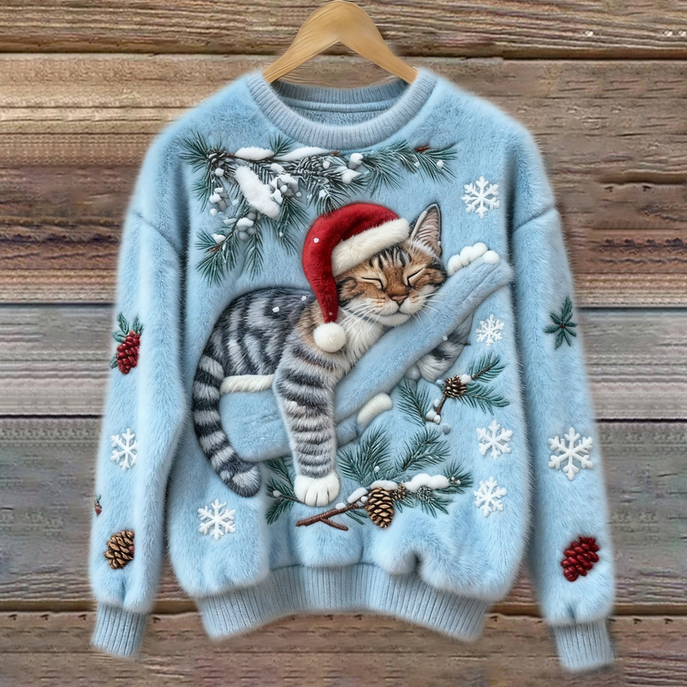Fluffy | Sweter Damski Christmas Lazy Cat Art – Przytulny, Pluszowy