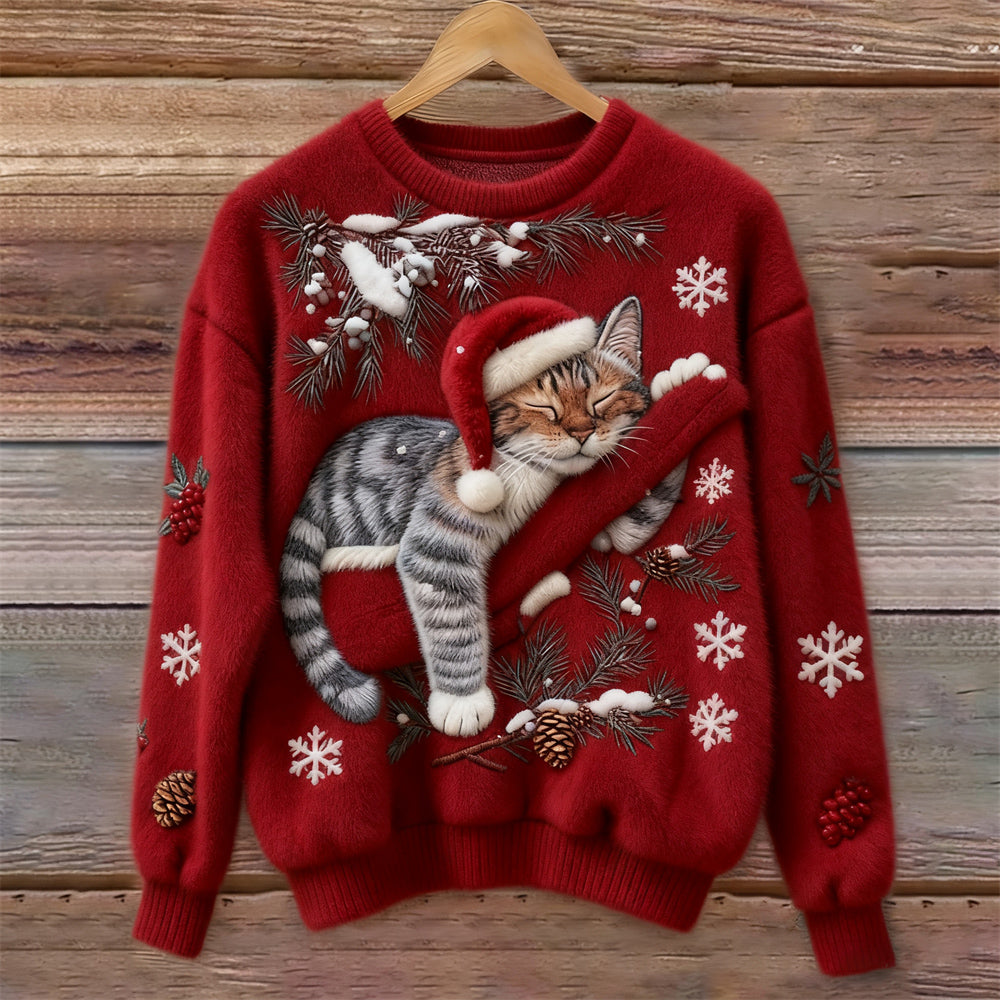 Fluffy | Sweter Damski Christmas Lazy Cat Art – Przytulny, Pluszowy