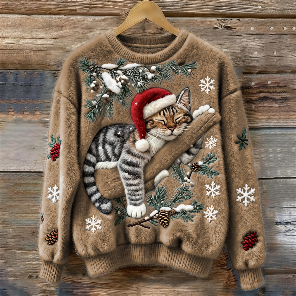 Fluffy | Sweter Damski Christmas Lazy Cat Art – Przytulny, Pluszowy