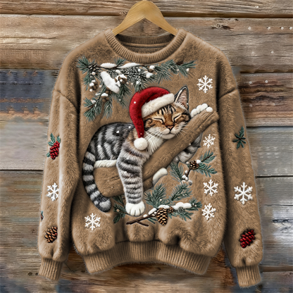 Fluffy | Sweter Damski Christmas Lazy Cat Art – Przytulny, Pluszowy