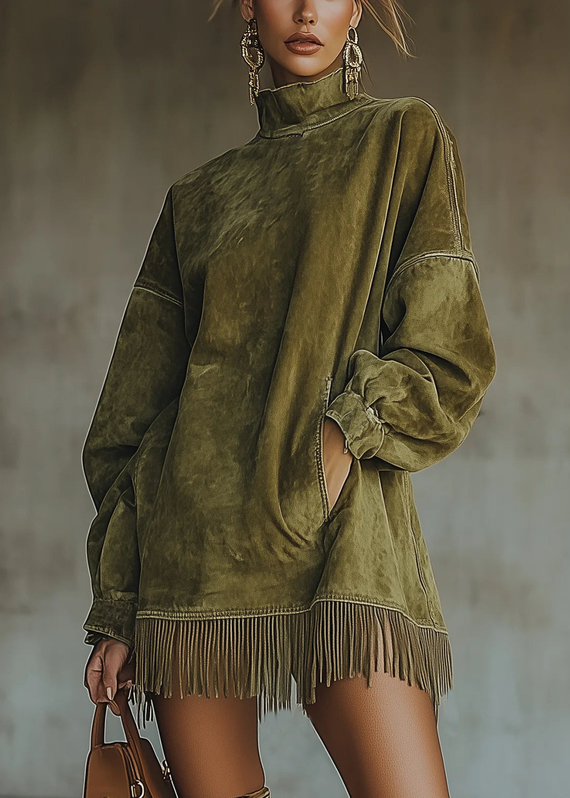 Amali │Sukienka z Zamszu z Wysokim Kołnierzem i Frędzlami