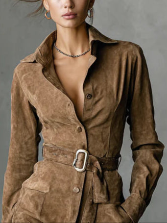 Sukienka Midi z Zamszu | Jednorzędowa, z Kołnierzem i Długim Rękawem