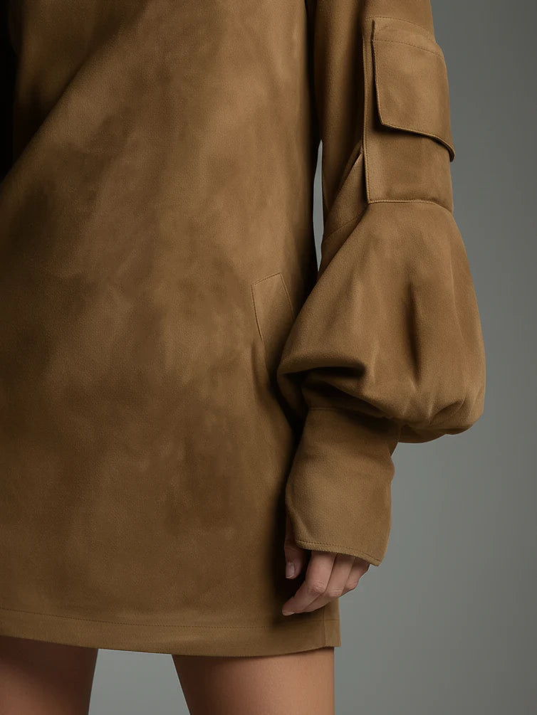 Dora | Oversized Suede Mini Dress z Wysokim Kołnierzem