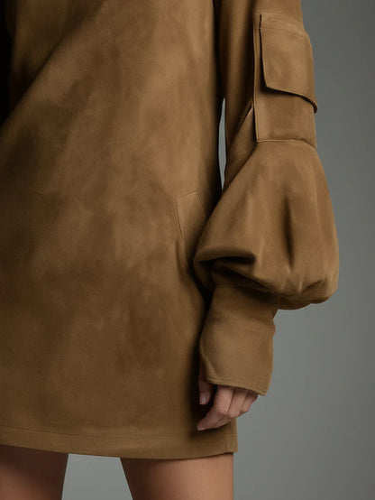 Dora | Oversized Suede Mini Dress z Wysokim Kołnierzem