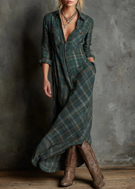 Maxi | Sukienka Maxi w Zieloną Kratę z Kołnierzem z Klapami