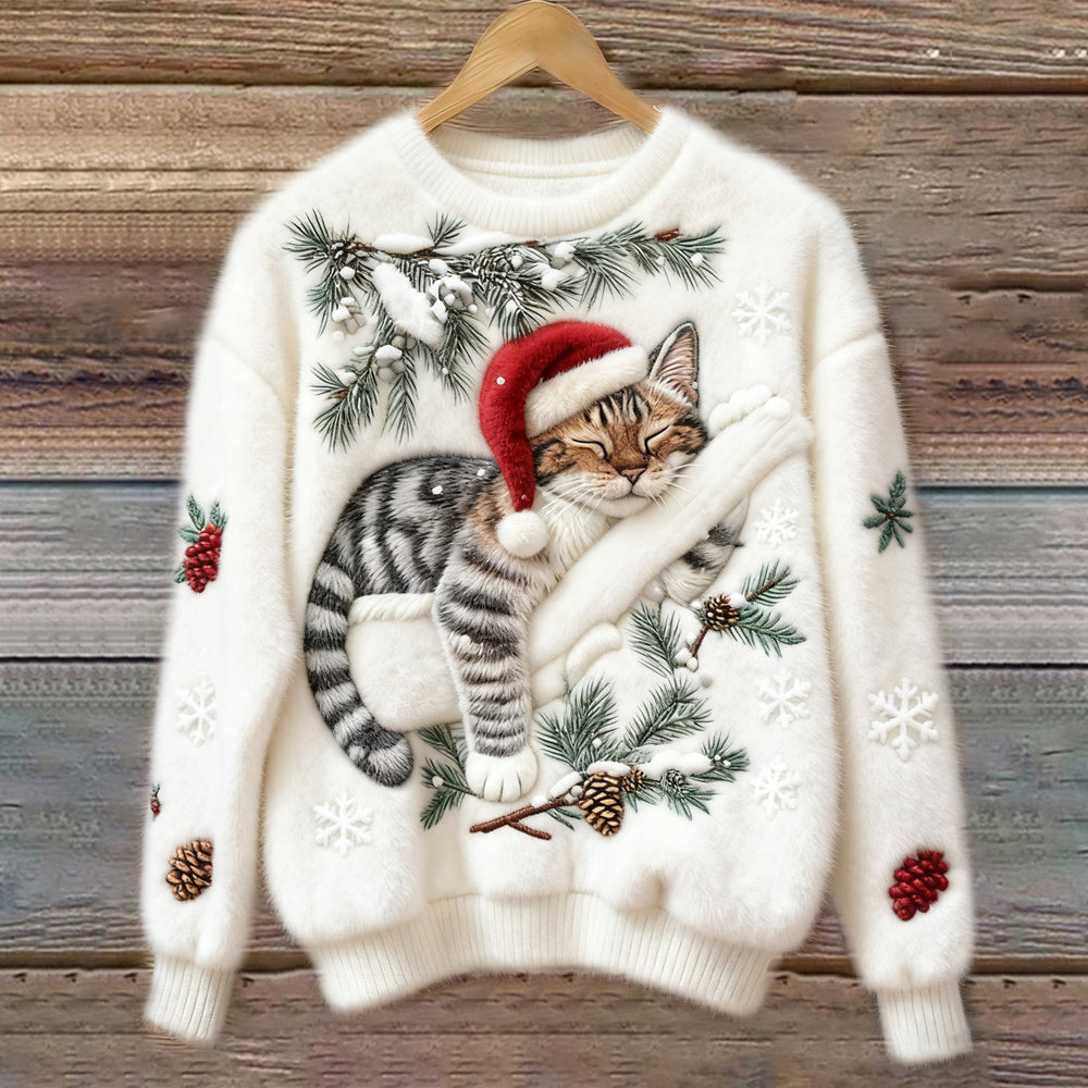 Fluffy | Sweter Damski Christmas Lazy Cat Art – Przytulny, Pluszowy