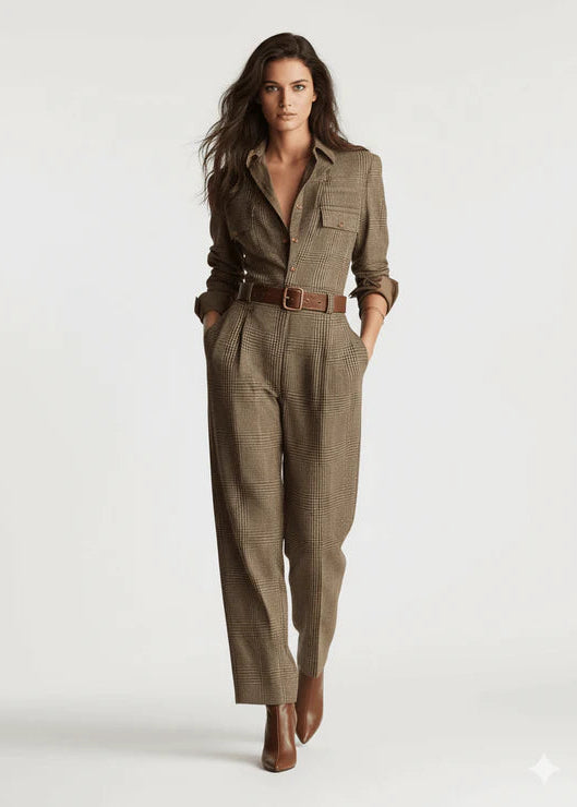 Agnieszka | Elegancki Kombinezon w Kratę z Wyszukanymi Akcentami