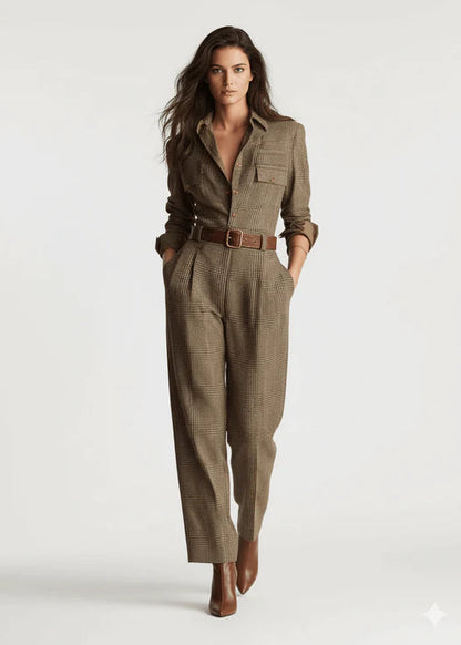 Agnieszka | Elegancki Kombinezon w Kratę z Wyszukanymi Akcentami