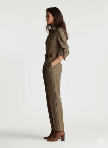 Agnieszka | Elegancki Kombinezon w Kratę z Wyszukanymi Akcentami