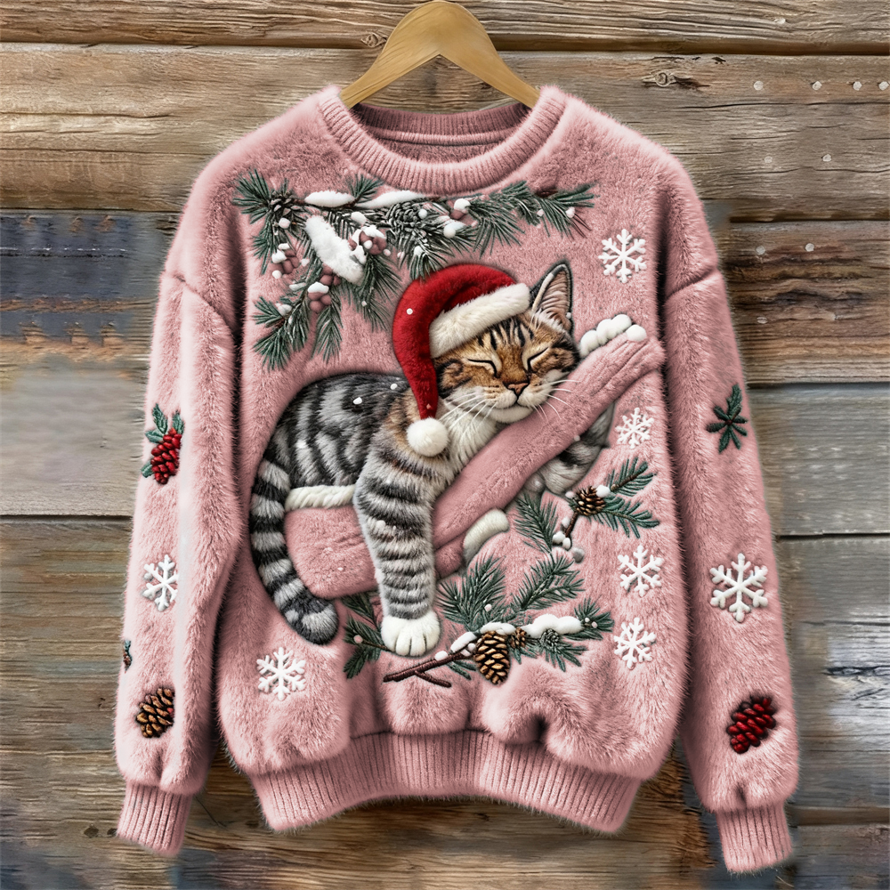 Fluffy | Sweter Damski Christmas Lazy Cat Art – Przytulny, Pluszowy
