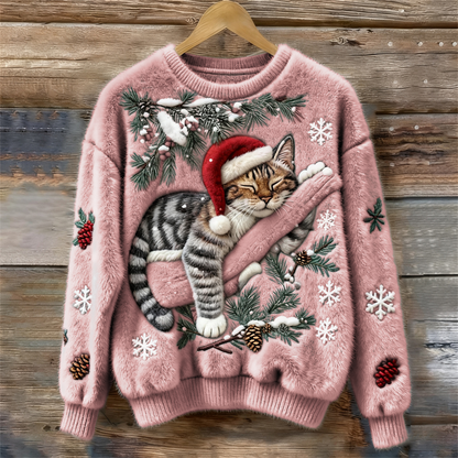 Fluffy | Sweter Damski Christmas Lazy Cat Art – Przytulny, Pluszowy