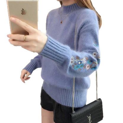 Floral | Gruby Sweter z Dzianiny Kaszmirowej z Kwiatowym Haftem