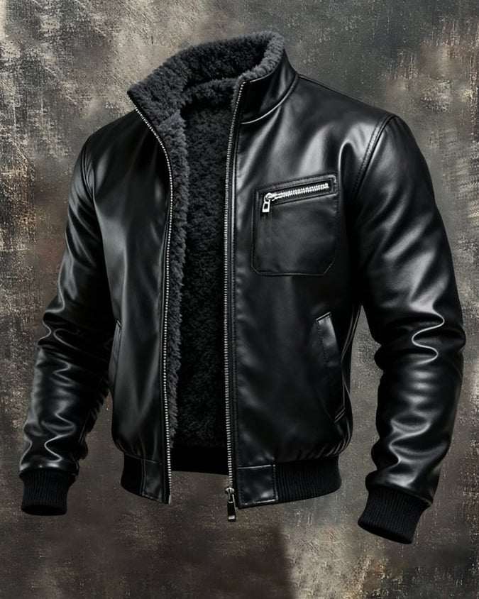 Kamil | Ciepła Czarna Kurtka Skórzana z Podszewką Sherpa