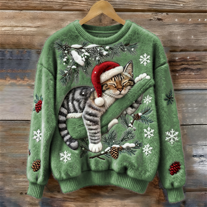 Fluffy | Sweter Damski Christmas Lazy Cat Art – Przytulny, Pluszowy