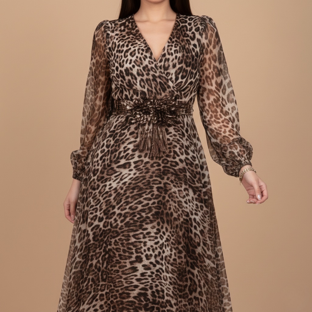 Lumina | Elegancka Damska Sukienka z Dekoltem w Serek i Dadrukiem w Panterkę