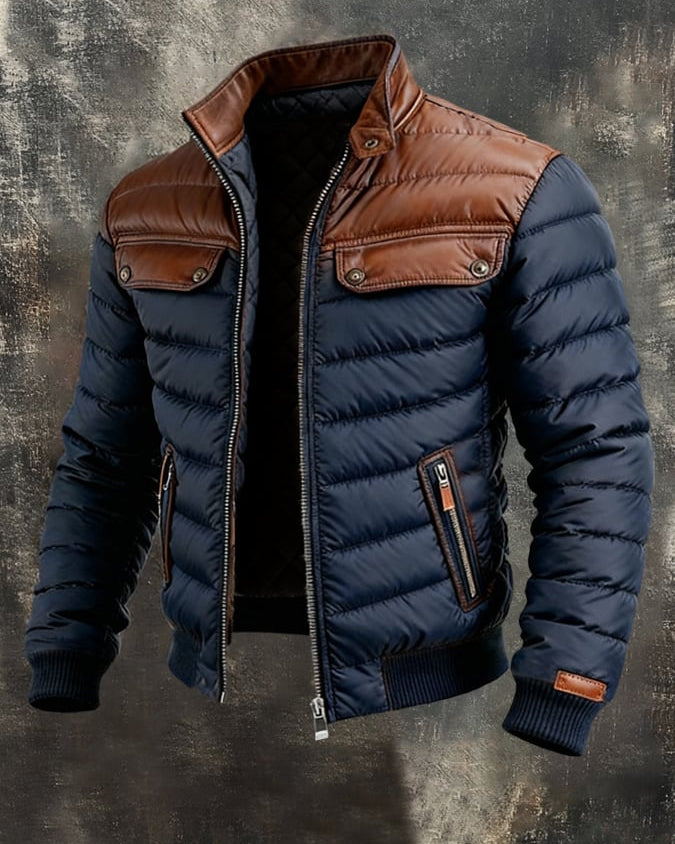 Aleksander | Kurtka Quilted Granatowa Z Skórzanymi Wstawkami