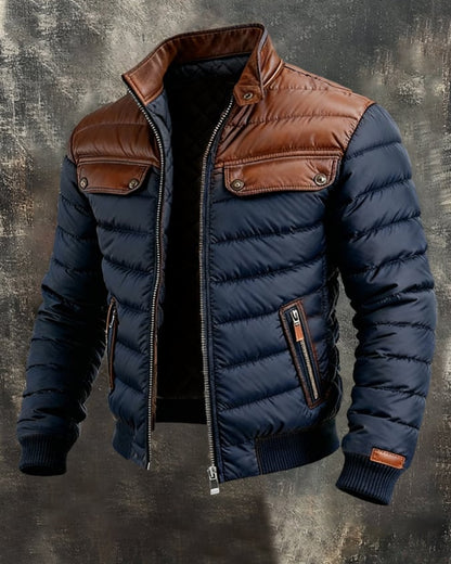 Aleksander | Kurtka Quilted Granatowa Z Skórzanymi Wstawkami