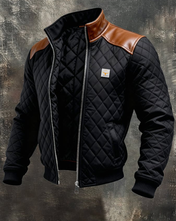 Adrian | Czarna Kurtka Matelassée z Skórzanymi Ramionami