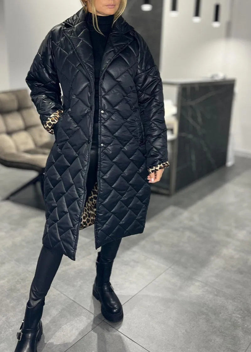ESLAT | Pikowana, Półdługa, Odwracalna Kurtka z Podszewką w Panterkę