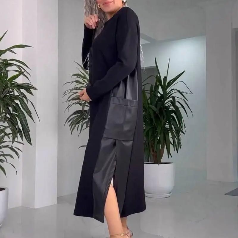 Makao | Casualowa, Luźna Sukienka Damska z Patchworkiem Skórzanym i Kieszeniami