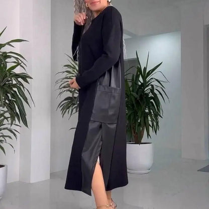 Makao | Casualowa, Luźna Sukienka Damska z Patchworkiem Skórzanym i Kieszeniami