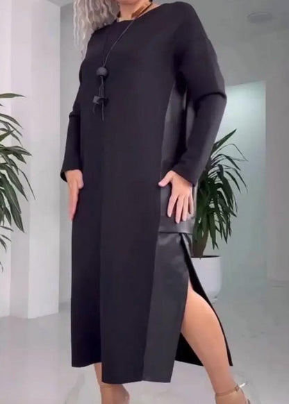 Makao | Casualowa, Luźna Sukienka Damska z Patchworkiem Skórzanym i Kieszeniami