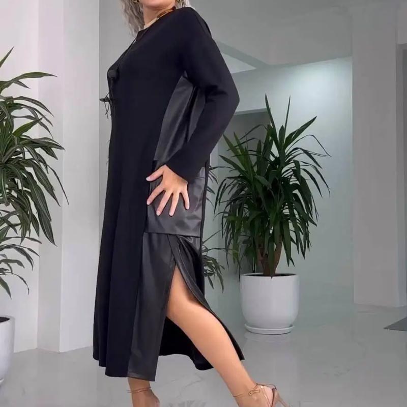 Makao | Casualowa, Luźna Sukienka Damska z Patchworkiem Skórzanym i Kieszeniami